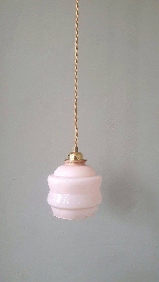 Vintage Franse Hanglamp - Rose Opaline Glas Met Decoratierand
