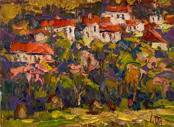 Original Oil Painting Evening Houses Landscape Edge of the Village – Paintings & Drawings, Canvas (photo 3 of 8)