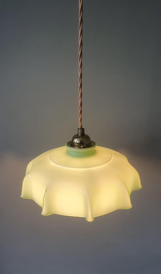 Vintage French Pendant Lamp - Pastel Green Opaline Glass. – Metal (photo 10 of 19)