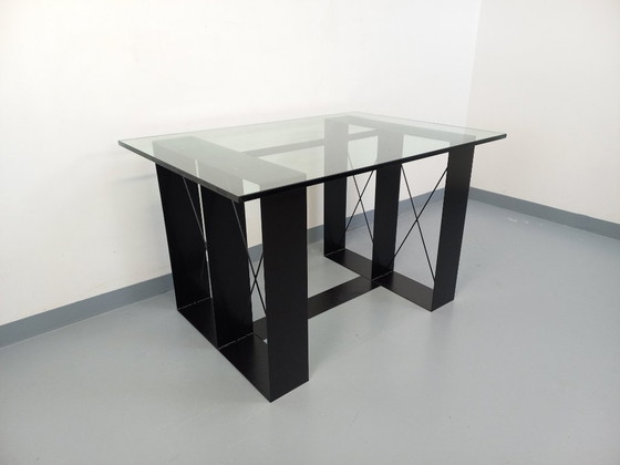Image 1 of Vintage rectangular high table in glass and black metal from the 80s