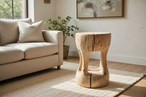 Sculptural Side Table, Stool, Solid Wood, Contemporary Design