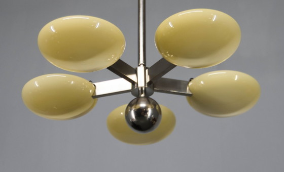 Image 1 of Uitzonderlijke Art Deco functionalistische kroonluchter met vernikkelde afwerking, jaren 1930