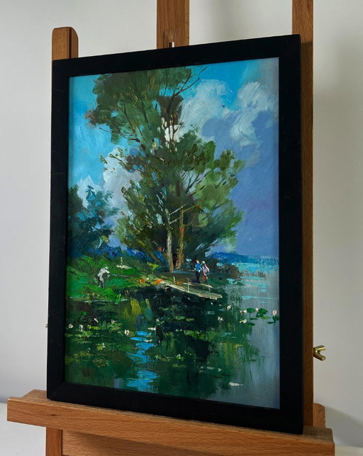 Original Oil Painting Summer Coastal Landscape Bridge over the river with people