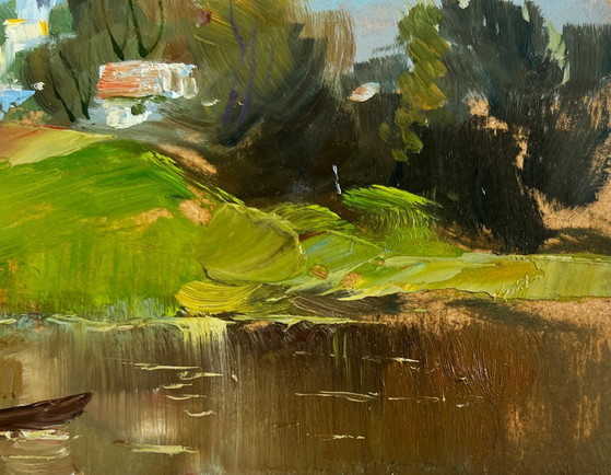 Image 1 of Origineel olieverfschilderij: Zomerlandschap met kerk. De dorpskerk is zichtbaar.