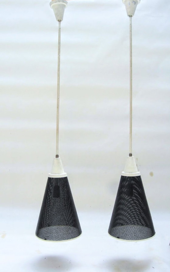 Image 1 of Raro set di 2 lampade a sospensione in metallo Hiemstra Perfolux degli anni '50