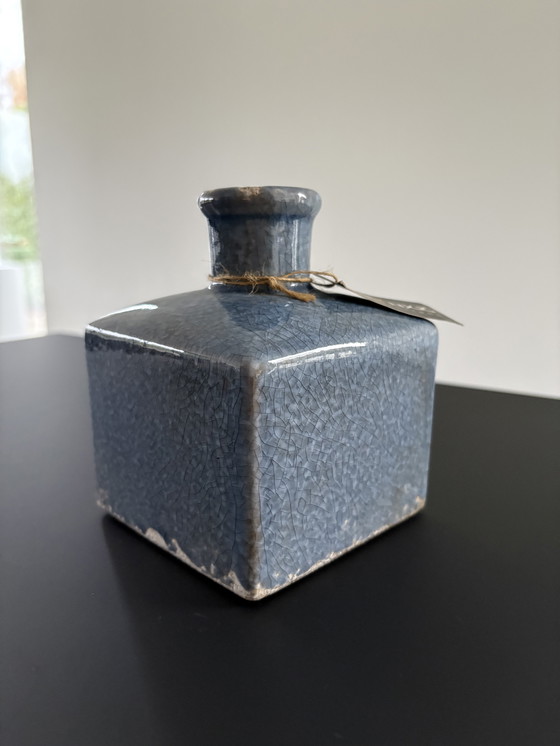 Image 1 of Decorative block vase in rough, blue crackle glaze, brand Brynxz