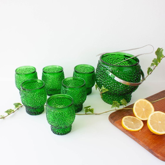 Image 1 of Vintage Green Set of 6 Cocktail bubble glasses, ice bucket and ice clamps, 1970's