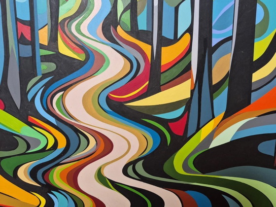 Image 1 of Modern forest landscape painting - 'Behind the Trees' by Franklin van Dam - Acrylic on MDF (95 x 95 cm)