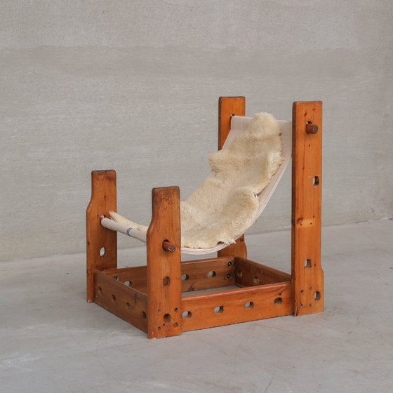 Image 1 of Poltrona a fionda spagnola in legno e tela della metà del secolo scorso