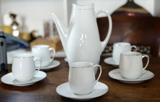 Service à café Sigvard Bernadotte des années 1950 pour Thomas Germany | Service en porcelaine blanc et platine Mid-Century Moder