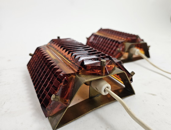 Image 1 of Conjunto de lámparas de pared de Dinamarca, de cristal, ámbar y latón.