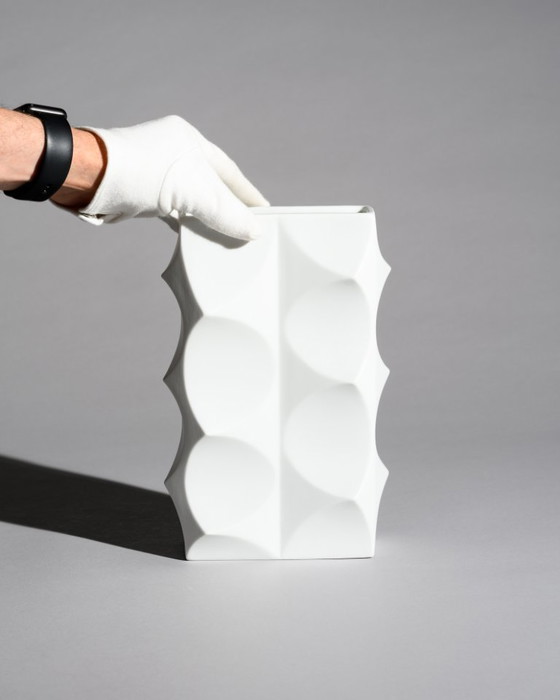 Image 1 of Heinrich Fuchs Lorenz Hutschenreuther “ARCHAIS” Bisque Porcelain Vase Duo Op-Art