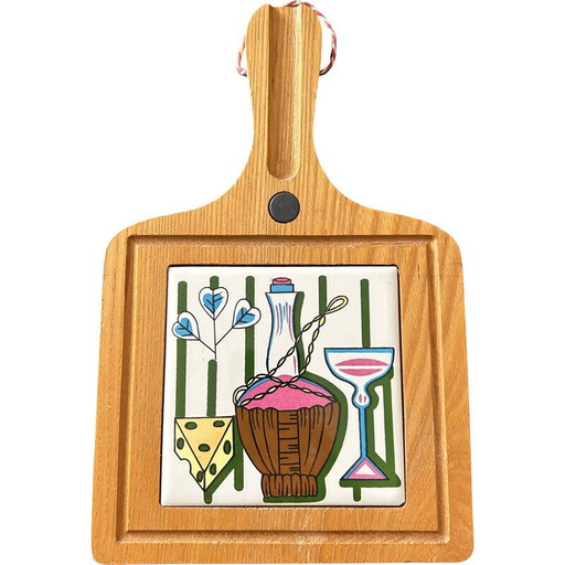 Sottopentola vintage in legno e ceramica, 1960