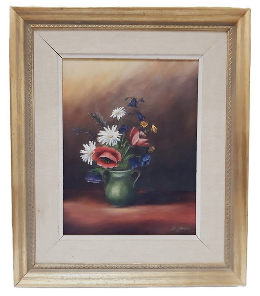 Dipinto originale d'epoca a olio su tela, vaso di fiori, firmato