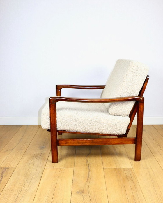 Image 1 of Wooden vintage brown armchair beige ivory long pile boucle design by Z. Bączyk - 2 pieces available