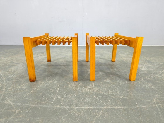 Image 1 of Set van 3 esdoornhouten plantenstandaards uit het midden van de 20e eeuw, Tsjechoslowakije, jaren 70.