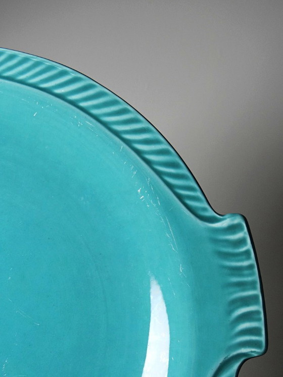 Image 1 of Set of 5 vintage turquoise earthenware fish plates from the 1960s-70s