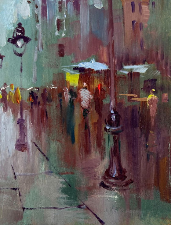 Image 1 of Origineel olieverfschilderij: Zomers stadslandschap. De drukte van het stadsleven.