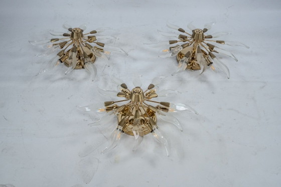 Set of three ceiling lamps in brass and crystal. Italy 1970s, Ceiling lights, Gold (photo 3 of 17)