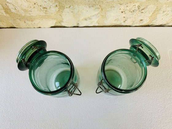 Image 1 of Vintage Franse potten in smaragdgroen glas van L'Ideale, jaren 1940, set van 2