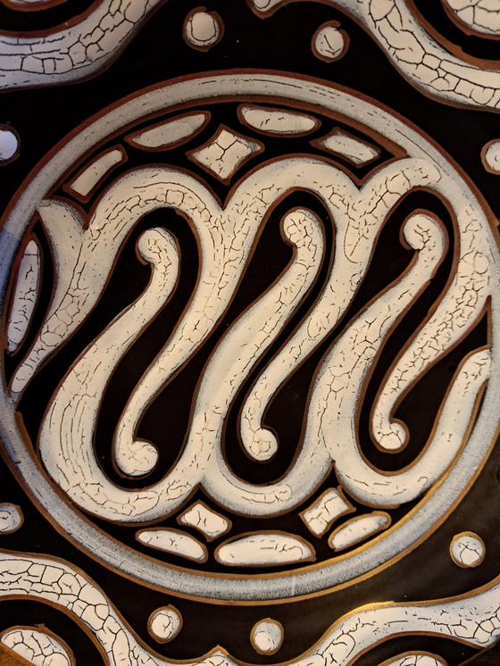 Image 1 of Vintage 1950's Ceramic Bowl with Handles south Dutch Gouda Hand Painted Black with Gold