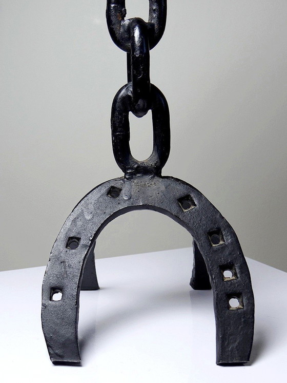 Image 1 of Vintage Brutalist Wrought Iron Candleholder Horseshoes Chain and Wood