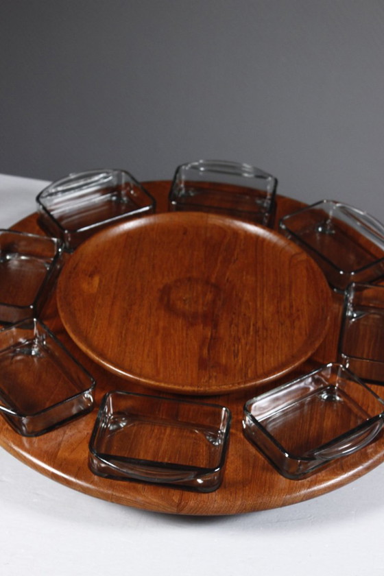 Image 1 of Digsmed Danimarca - Vassoio da portata in teak e vetro con base girevole, design anni '60