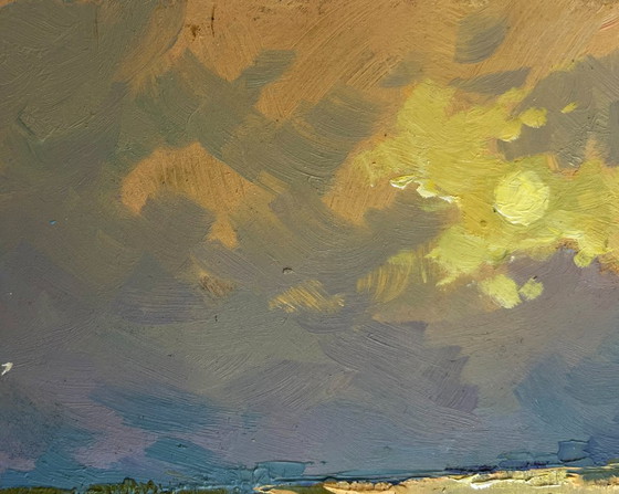 Image 1 of Original Oil Painting Sunset Lake Landscape The sun says goodbye to the horizon