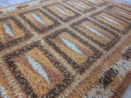 Image 1 of Grande tappeto scandinavo vintage in stile Rya – Motivi geometrici vivaci in stile Space Age – 160x220