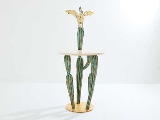 Mesa consola Alain Chervet de latón y bronce con forma de loro y cactus, 1989