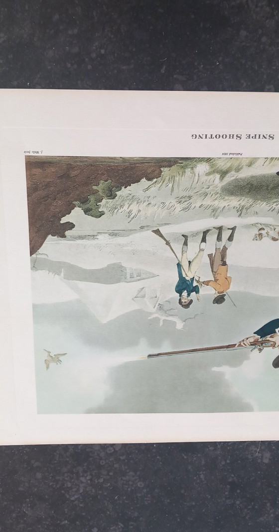 Image 1 of Antiker handkolorierter Kupferstich „Schnepfenjagd“ – Jagdszene – ca. frühes 19. Jahrhundert