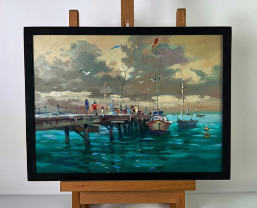 Peinture à l'huile originale représentant un paysage marin avec des yachts et des bateaux au quai