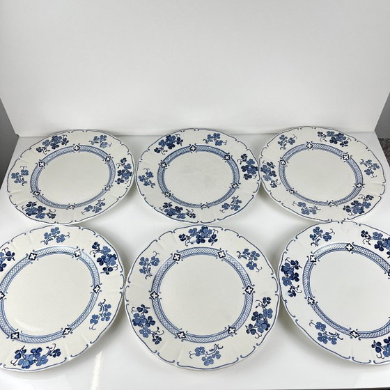 Image 1 of Set van 6 Terre de Fer KG Lunéville platte borden, model "Jane", blauw, 1890-1915