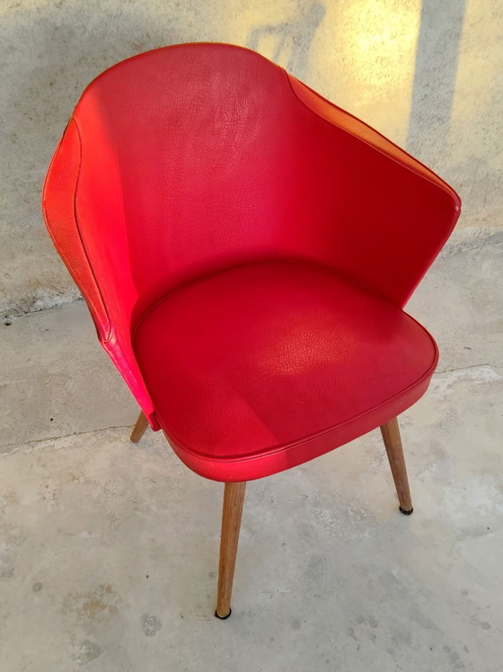 Red moleskin and wood cocktail armchair - 1960s, Side chairs (photo 3 of 8)