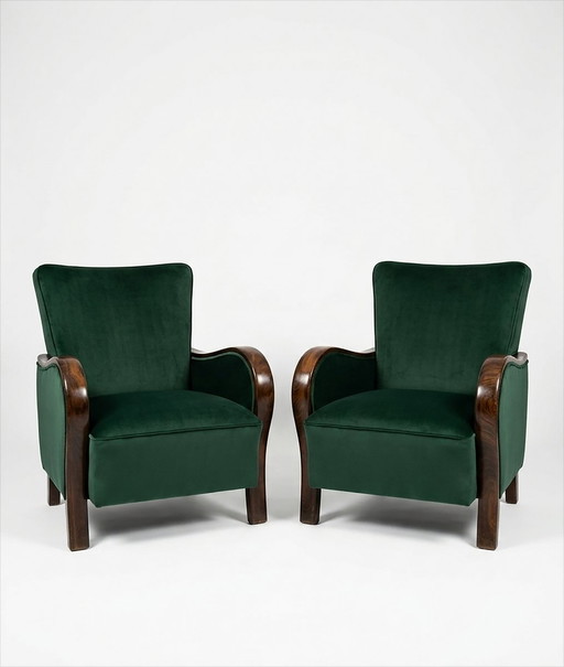 Sillones Art Déco de Terciopelo en Terciopelo Verde Oscuro, Juego de 2