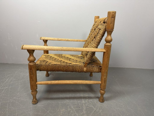 Charlotte Perriand Style Beech Wood Easy Chair with Sisal Rope Wickerwork, 1960s.