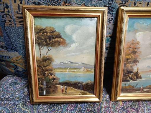 Antique Italian Oil Paintings on Panel with Gold Leaf Frame, Early 20th Century – schilderijen tekeningen (photo 2 of 7)