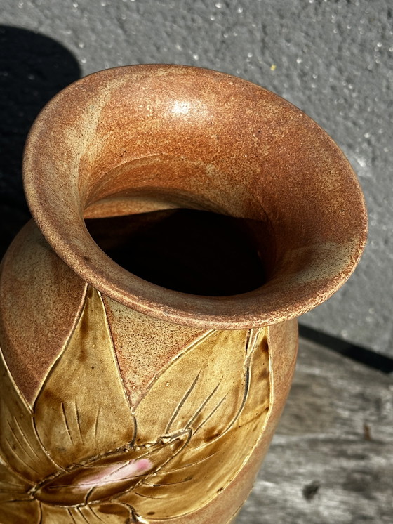 Image 1 of Vaso Vintage céramique années 60 décor floral - signé Vallauris H 20 cm