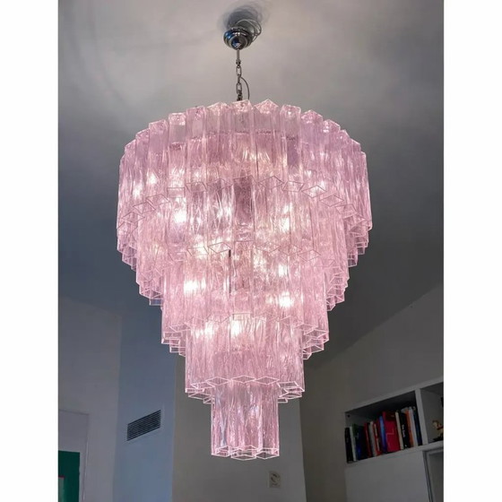 Image 1 of Contemporary Pink’ “Square Tubes” Murano Glass Chandelier