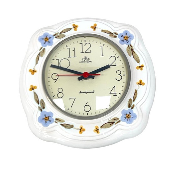 Image 1 of Reloj de pared de cerámica Meister-Quarz - Pintado a mano, motivos florales, Alemania, años 70/80