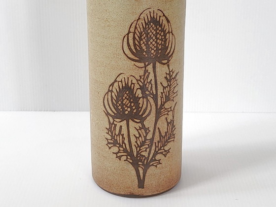 Image 1 of Vintage Vallauris stoneware roller vase with thistles, 1970s, by Fonck & Mateo