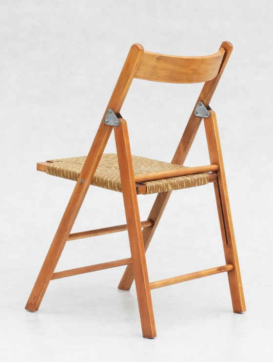 Sedie pieghevoli vintage francesi in faggio, anni '70, set di 6, Legno, Rattan, Beige (foto 5 di 9)