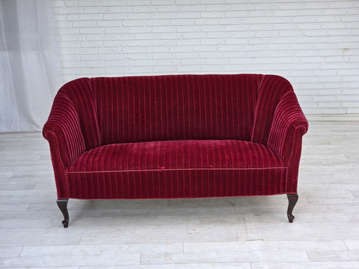 1950s Danish 2-Seater Sofa, Red Furniture Velour, Ash Wood Legs