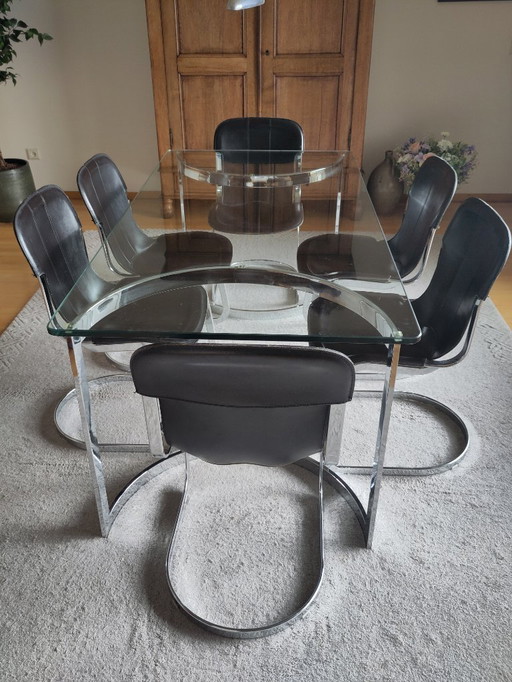 Milo Baughman dining table with 6x Willy Rizzo Cidue C2 chair