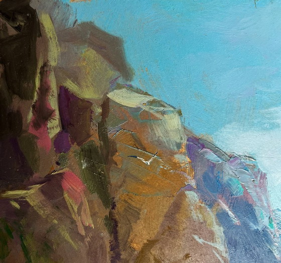 Image 1 of Original Oil Painting Coastal Sea Landscape Seagulls flying over the sea