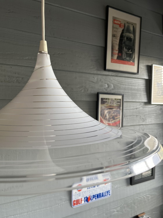 Vintage Meblo witch hat or trumpet swirl deco hanging lamp – Pendant lamps, Plastic (photo 9 of 11)