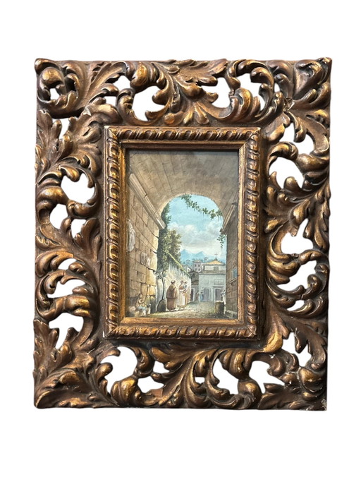 Pintura al óleo sobre cartón de un patio con arco, siglo XX