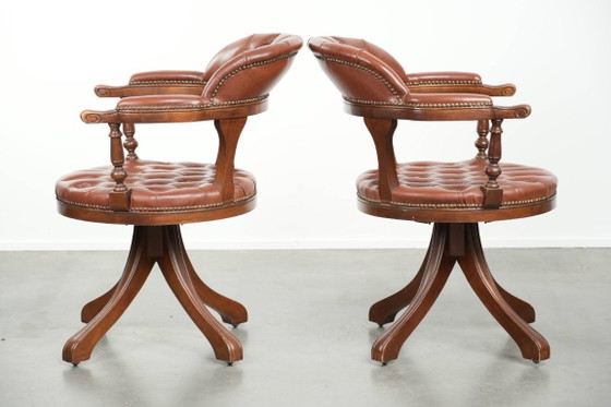 Image 1 of 2 x Swivel English Style Cowhide Leather Chesterfield Office Chairs in a Beautiful Brown Color