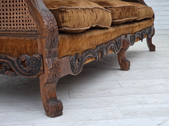 Image 1 of 1930-35s, Danish 3-seater sofa, furniture velour, furniture mesh, carved ash wood.