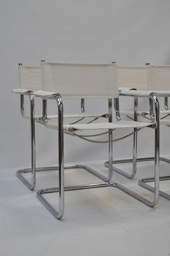 Image 1 of Set van 4 sledeframe stoelen – chroom & linnen (Chioccarello Lino) – herbekleed